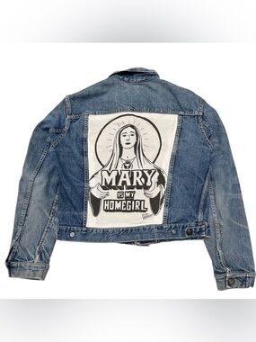 Vintage 70s 80s GWG Denim Jacket Custom Mary Is My Homegirl Distressed Small